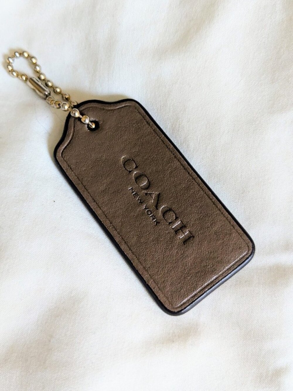 Coach Hang Tag 2.5" Charm Glovetanned Leather Dark Stone Gray Gold Ball Chain